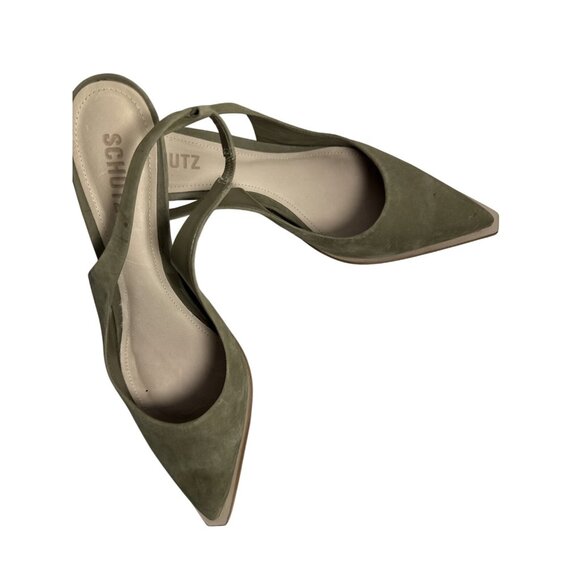 Schutz Olive Green Suede Pointed Toe Slingback Kitten Heels Size 8 - Picture 1 of 10